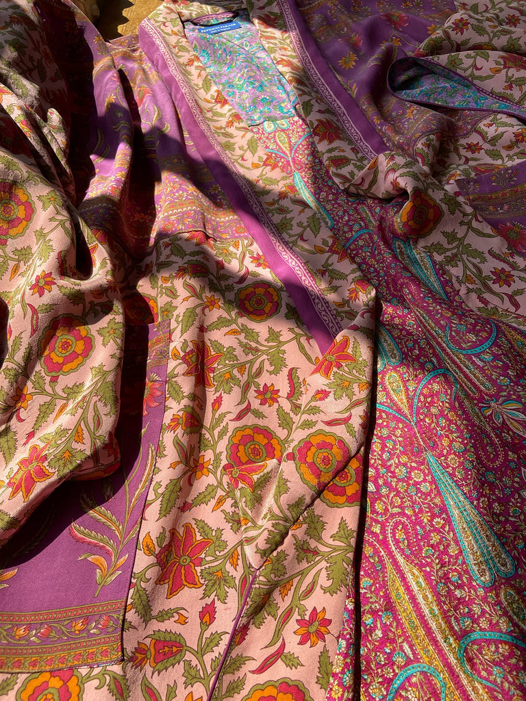 1920s inspired silk kimono robe created from vintage orchid, blush pink and lavender silk crepe. Unique bohemian designs from the Pavilion Parade studio.