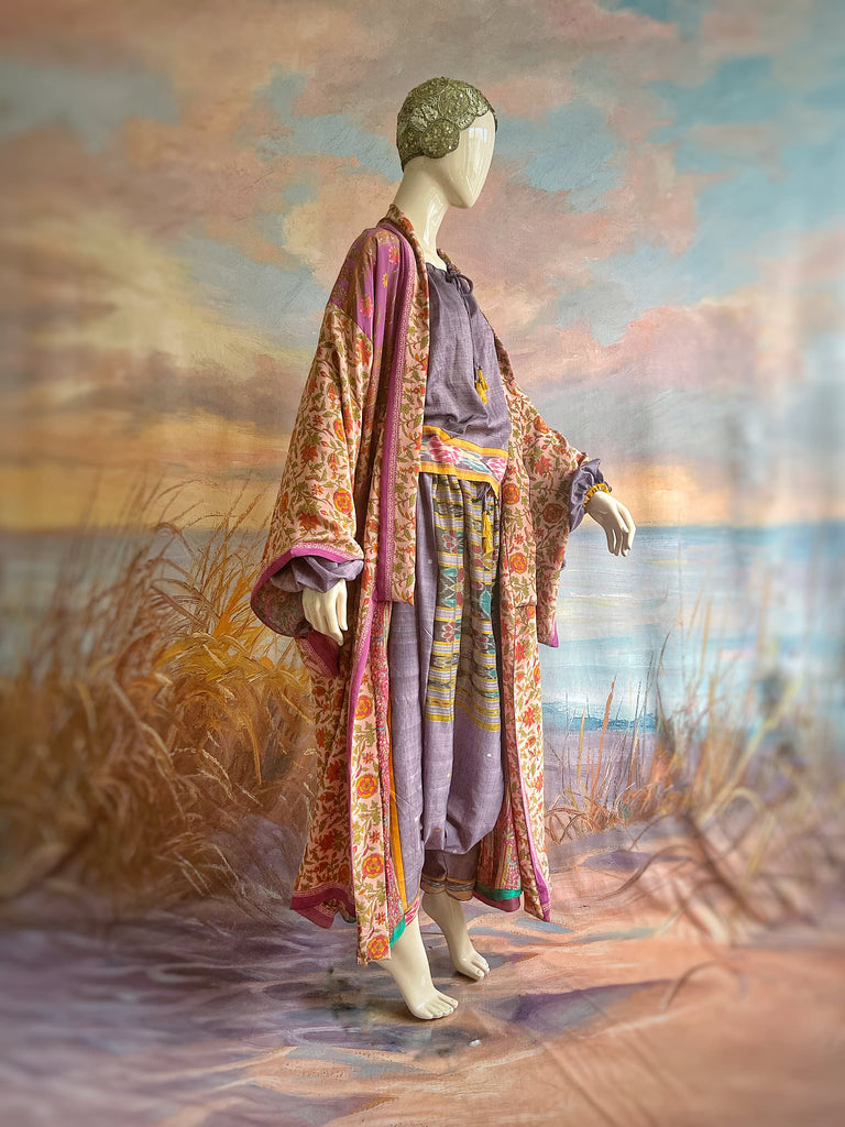 1920s inspired silk kimono robe created from vintage orchid, blush pink and lavender silk crepe. Unique bohemian designs from the Pavilion Parade studio.