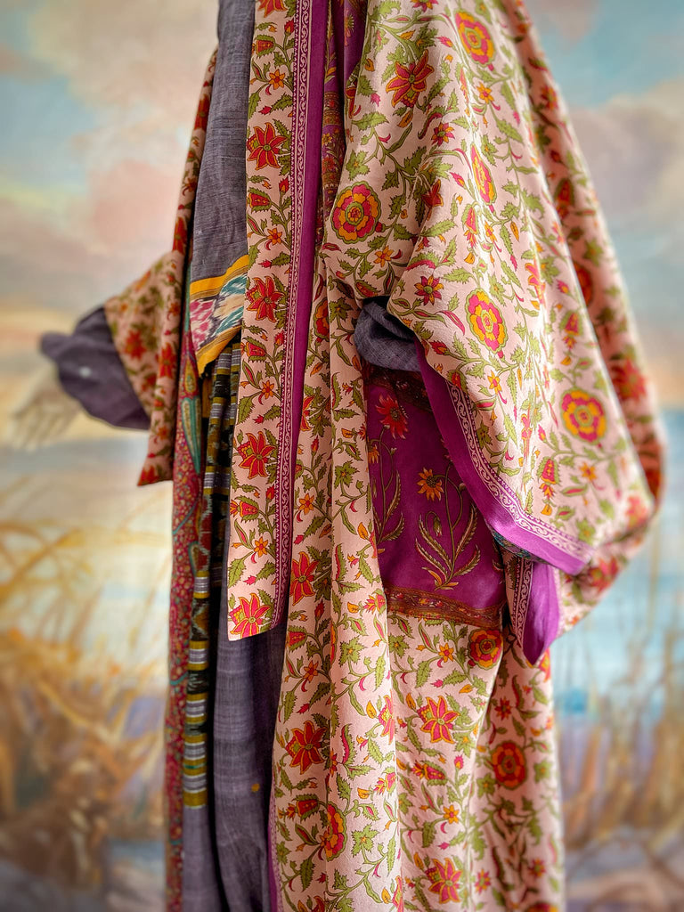1920s inspired silk kimono robe created from vintage orchid, blush pink and lavender silk crepe. Unique bohemian designs from the Pavilion Parade studio.