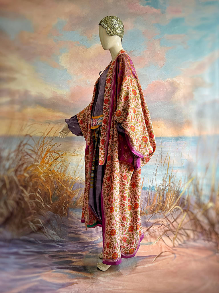 1920s inspired silk kimono robe created from vintage orchid, blush pink and lavender silk crepe. Unique bohemian designs from the Pavilion Parade studio.