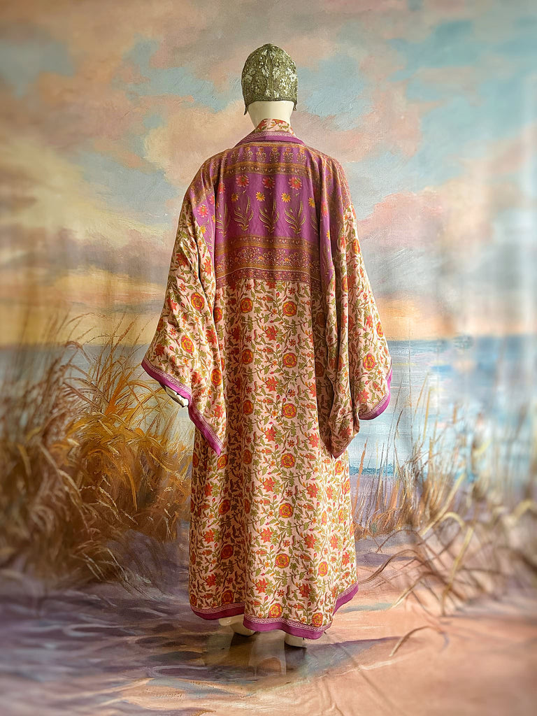 1920s inspired silk kimono robe created from vintage orchid, blush pink and lavender silk crepe. Unique bohemian designs from the Pavilion Parade studio.