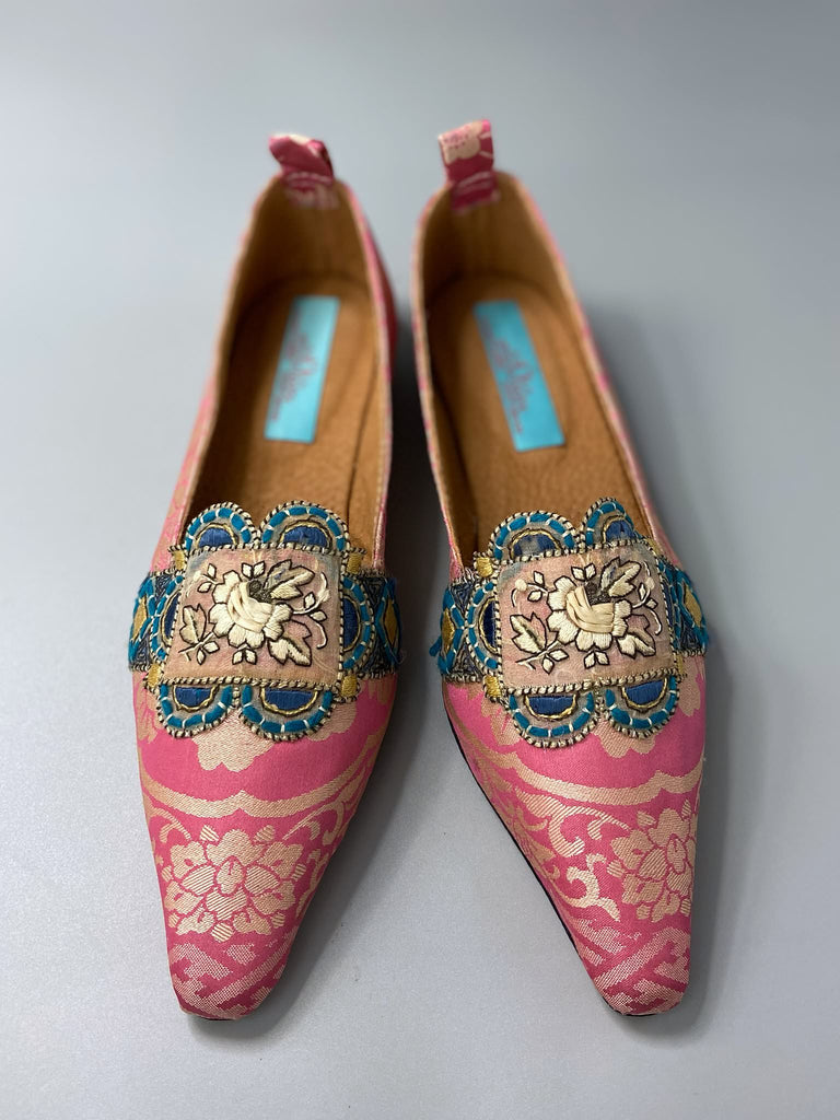 Rose pink and blue pointed toe Regency inspired dancing slippers with silk satin ankle ribbon ties. Created from a fragment of vintage 1930s Lyon silk and antique French 19th century embroidered dress embellishments. Bohemian style from the Pavilion Parade Studio