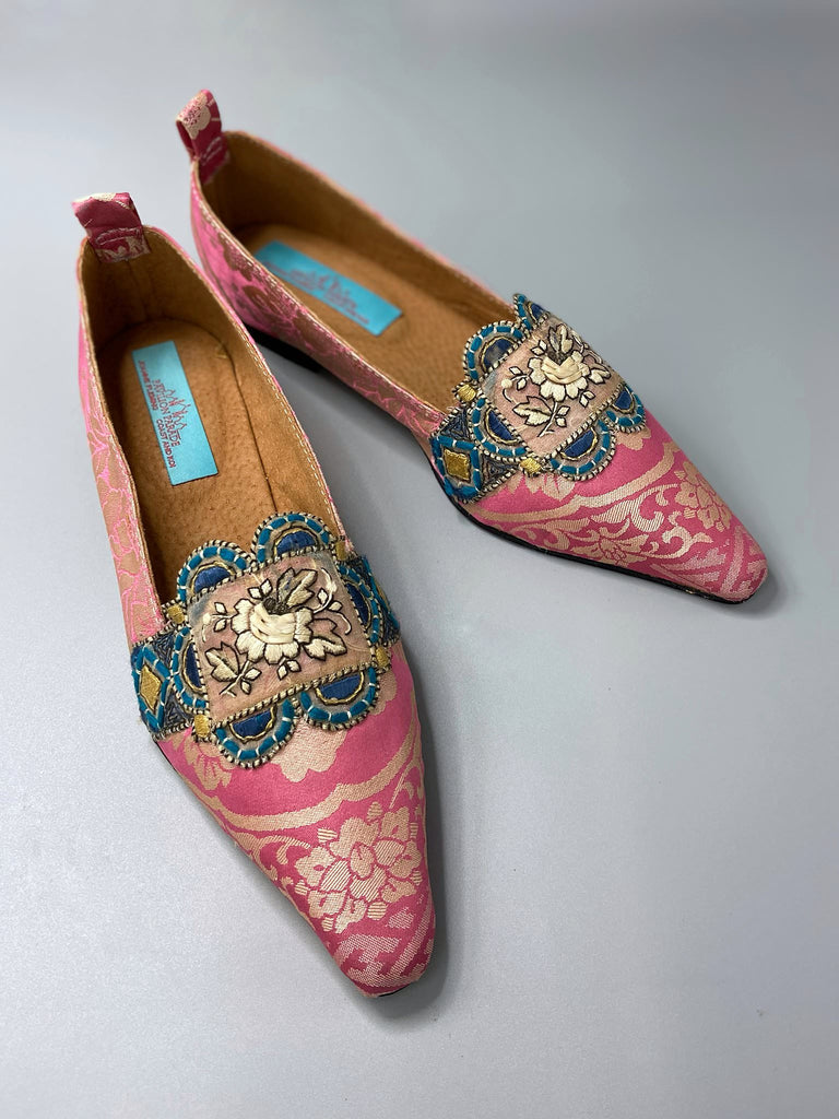 Rose pink and blue pointed toe Regency inspired dancing slippers with silk satin ankle ribbon ties. Created from a fragment of vintage 1930s Lyon silk and antique French 19th century embroidered dress embellishments. Bohemian style from the Pavilion Parade Studio