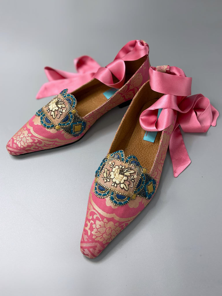Rose pink and blue pointed toe Regency inspired dancing slippers with silk satin ankle ribbon ties. Created from a fragment of vintage 1930s Lyon silk and antique French 19th century embroidered dress embellishments. Bohemian style from the Pavilion Parade Studio