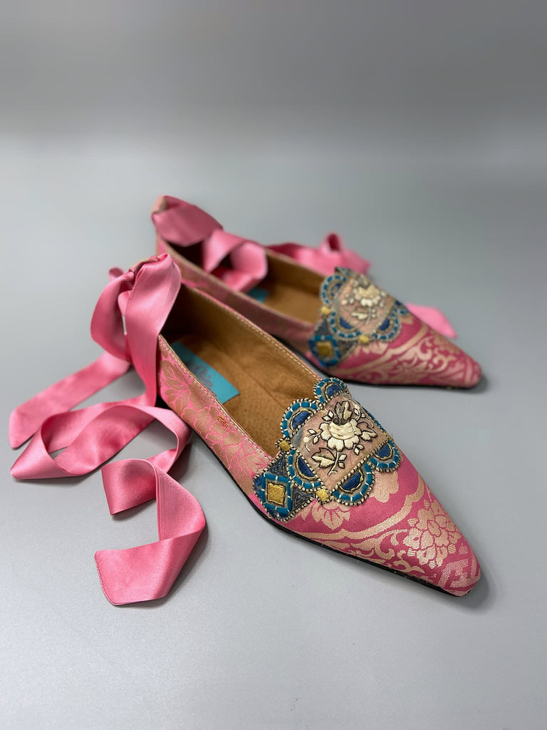 Rose pink and blue pointed toe Regency inspired dancing slippers with silk satin ankle ribbon ties. Created from a fragment of vintage 1930s Lyon silk and antique French 19th century embroidered dress embellishments. Bohemian style from the Pavilion Parade Studio