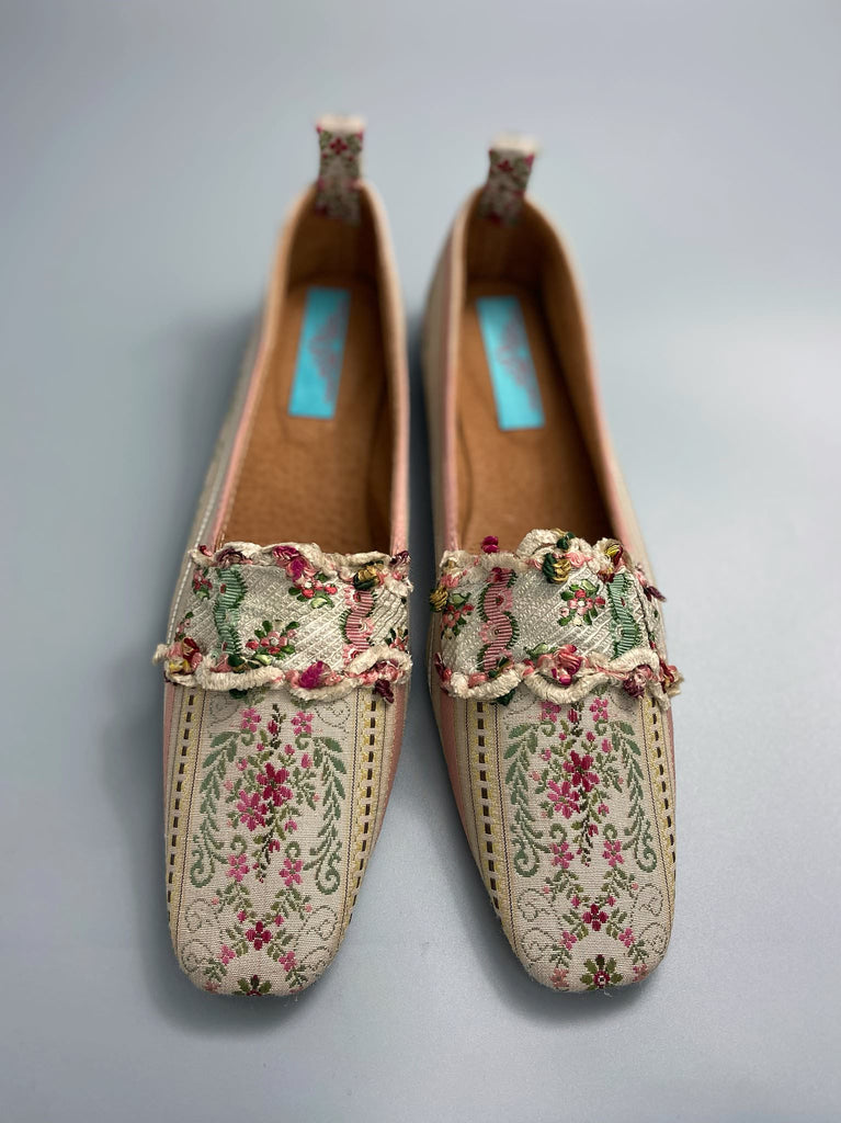 Rose pink and ivory Regency stripe dancing shoes with squared toe and original Georgian dress trim embellishment. Optional silk satin ankle ribbons. Bohemian style created from antique textiles by the Pavilion Parade studio