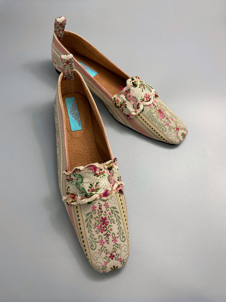 Rose pink and ivory Regency stripe dancing shoes with squared toe and original Georgian dress trim embellishment. Optional silk satin ankle ribbons. Bohemian style created from antique textiles by the Pavilion Parade studio