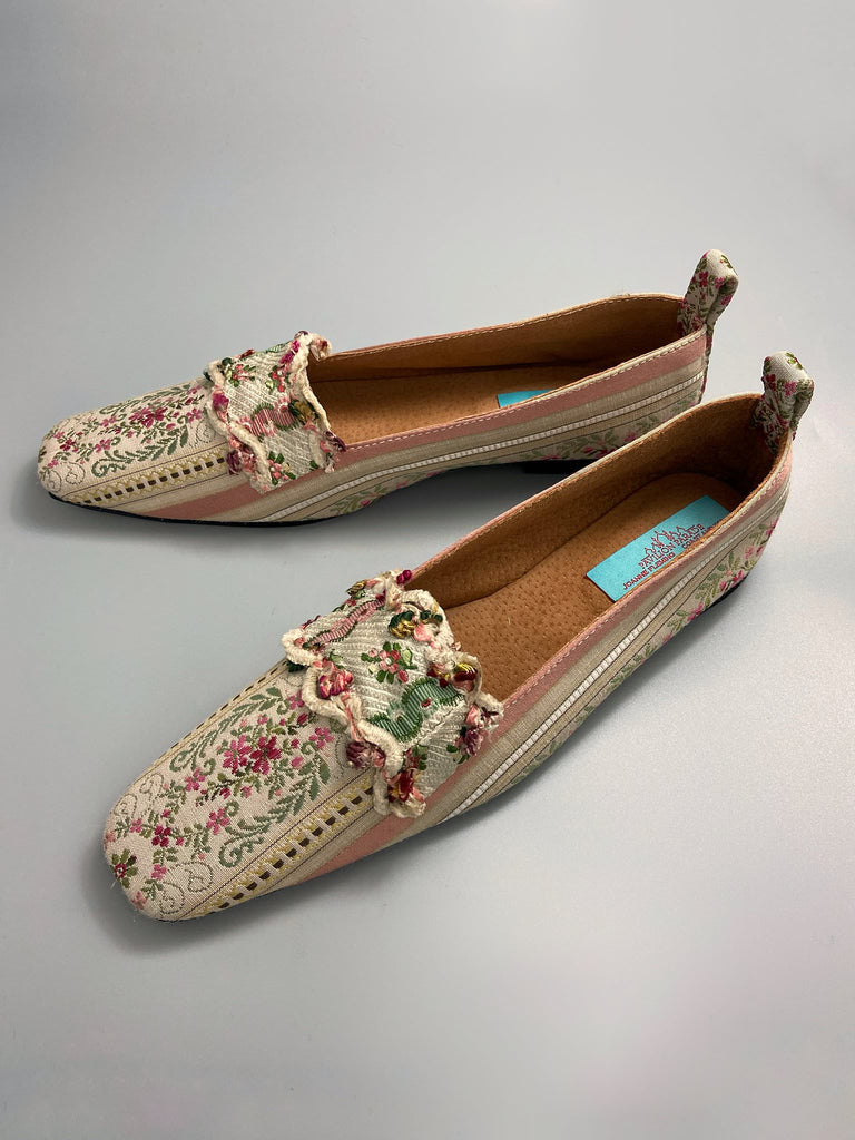 Rose pink and ivory Regency stripe dancing shoes with squared toe and original Georgian dress trim embellishment. Optional silk satin ankle ribbons. Bohemian style created from antique textiles by the Pavilion Parade studio