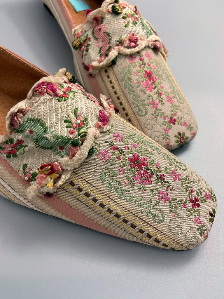 Rose pink and ivory Regency stripe dancing shoes with squared toe and original Georgian dress trim embellishment. Optional silk satin ankle ribbons. Bohemian style created from antique textiles by the Pavilion Parade studio