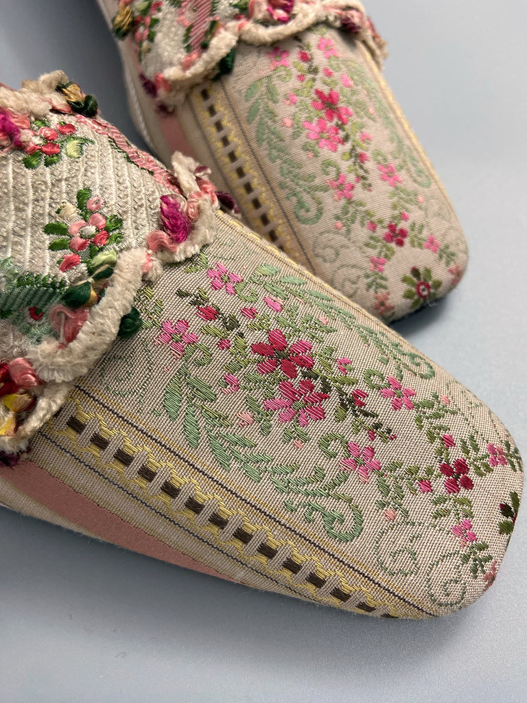 Rose pink and ivory Regency stripe dancing shoes with squared toe and original Georgian dress trim embellishment. Optional silk satin ankle ribbons. Bohemian style created from antique textiles by the Pavilion Parade studio