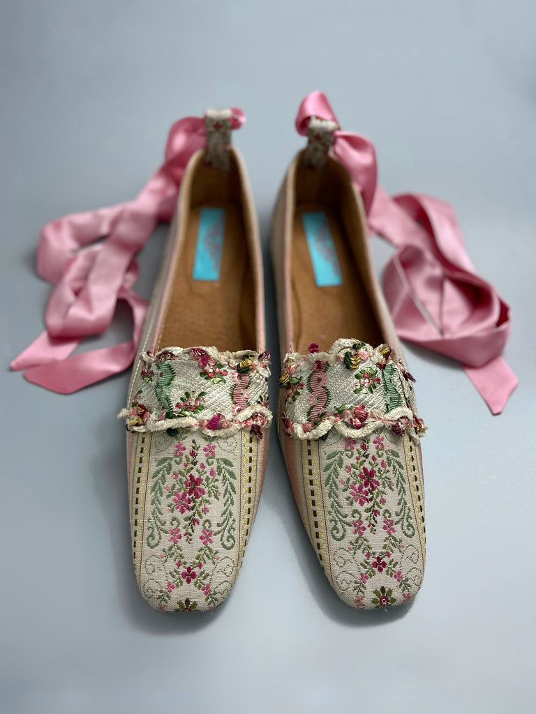 Rose pink and ivory Regency stripe dancing shoes with squared toe and original Georgian dress trim embellishment. Optional silk satin ankle ribbons. Bohemian style created from antique textiles by the Pavilion Parade studio