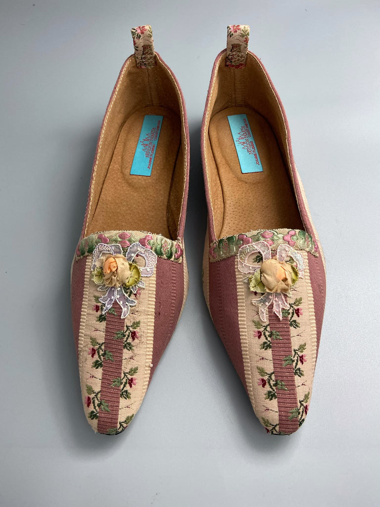 Rosebud toile pointed toe Regency dancing slippers with antique silk appliqué bows and ankle ribbons. Bohemian style created from antique and vintage textiles by Pavilion Parade.