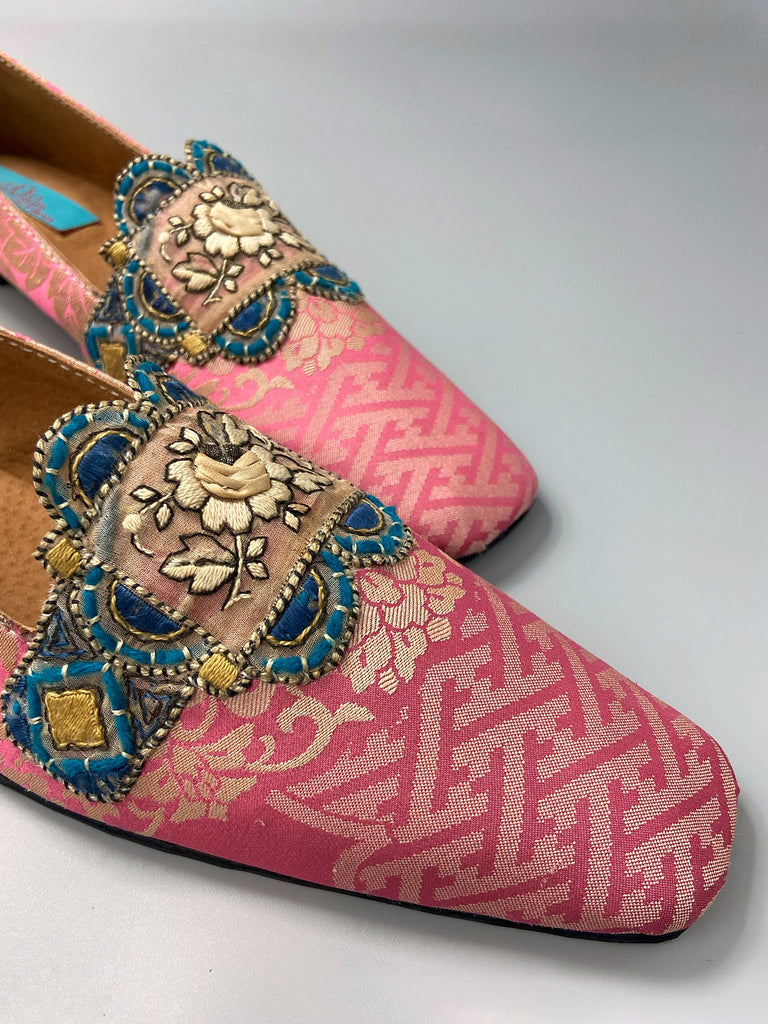 Rose pink and blue squared toe Baroque inspired dancing slippers with silk satin ankle ribbon ties. Created from a fragment of vintage 1930s Lyon silk and antique French 19th century embroidered dress embellishments. Bohemian style from the Pavilion Parade Studio