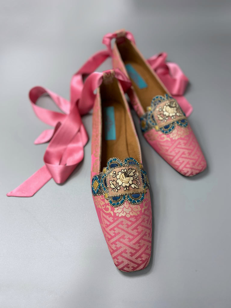 Rose pink and blue squared toe Baroque inspired dancing slippers with silk satin ankle ribbon ties. Created from a fragment of vintage 1930s Lyon silk and antique French 19th century embroidered dress embellishments. Bohemian style from the Pavilion Parade Studio
