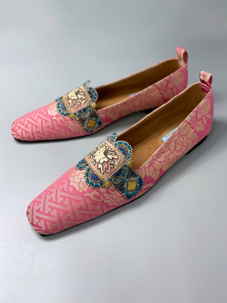 Rose pink and blue squared toe Baroque inspired dancing slippers with silk satin ankle ribbon ties. Created from a fragment of vintage 1930s Lyon silk and antique French 19th century embroidered dress embellishments. Bohemian style from the Pavilion Parade Studio