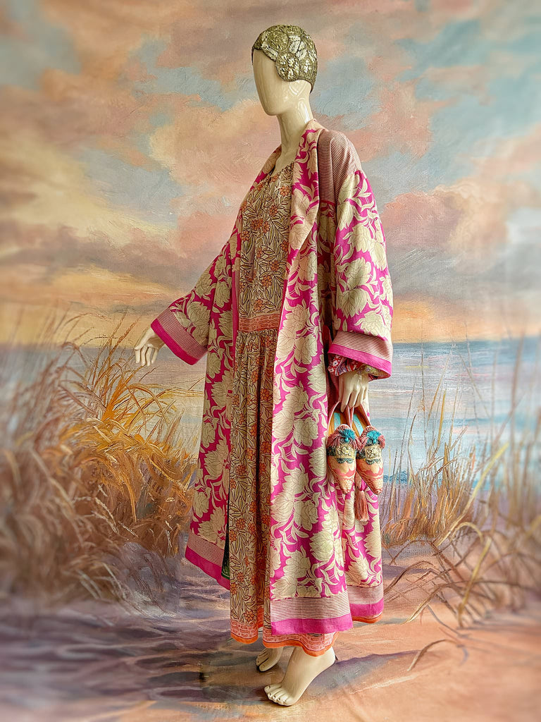 Pink peony fine wool dressing robe with silk lining and tassel sash. Bohemian style created from vintage textiles by Pavilion Parade 