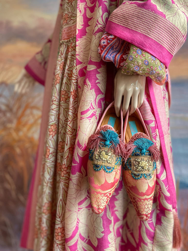 Pink peony fine wool dressing robe with silk lining and tassel sash. Bohemian style created from vintage textiles by Pavilion Parade 