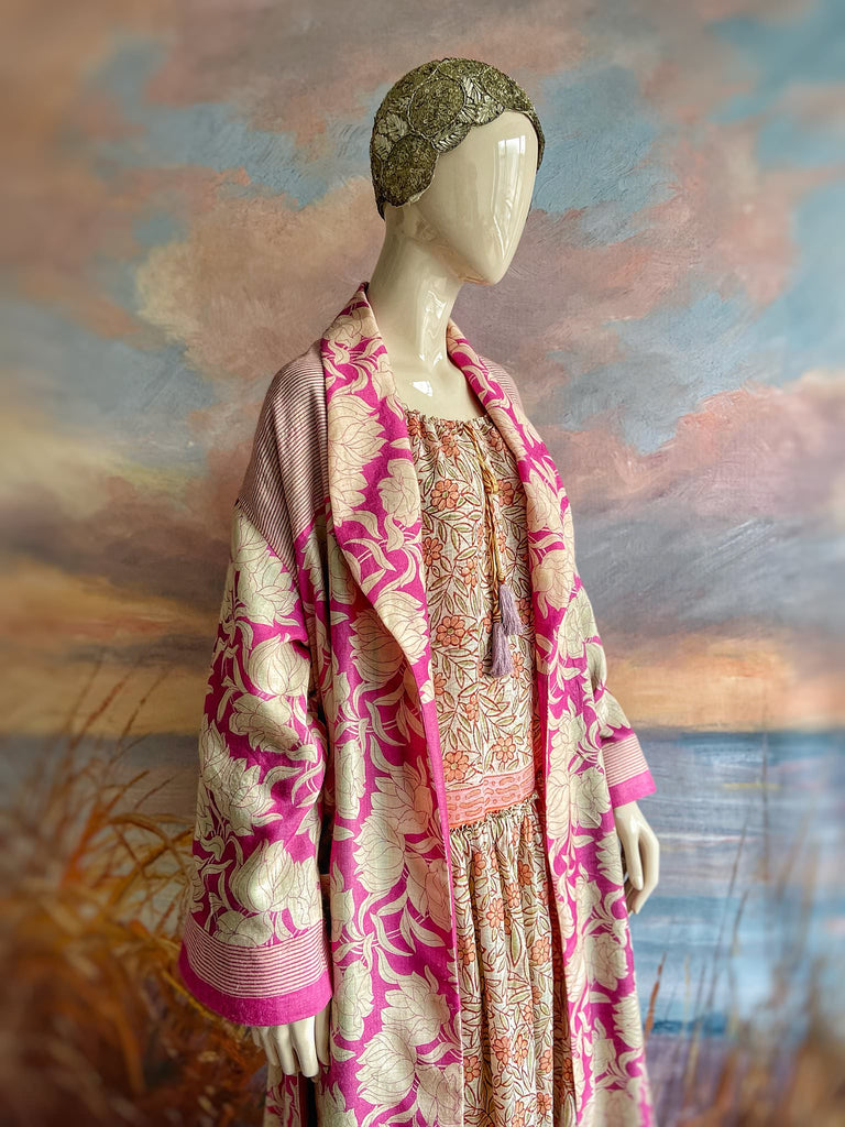 Pink peony fine wool dressing robe with silk lining and tassel sash. Bohemian style created from vintage textiles by Pavilion Parade 