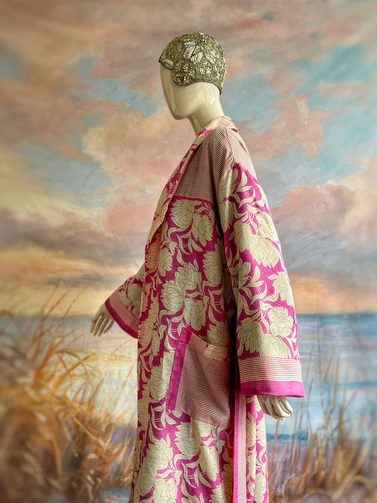 Pink peony fine wool dressing robe with silk lining and tassel sash. Bohemian style created from vintage textiles by Pavilion Parade 