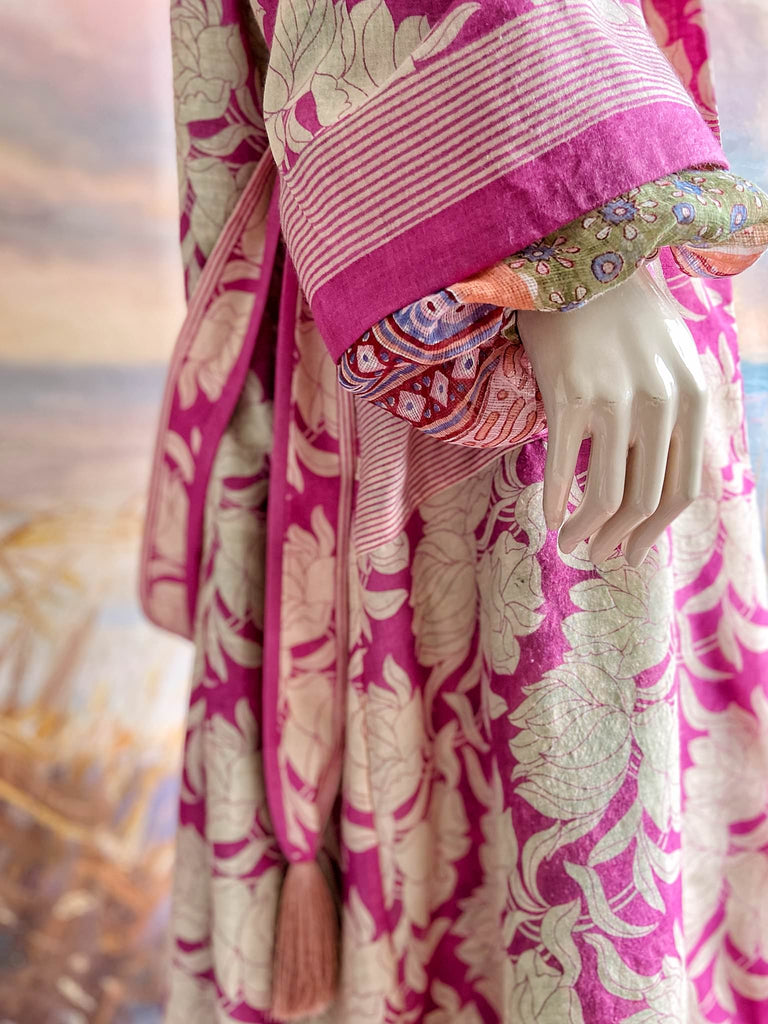 Pink peony fine wool dressing robe with silk lining and tassel sash. Bohemian style created from vintage textiles by Pavilion Parade 