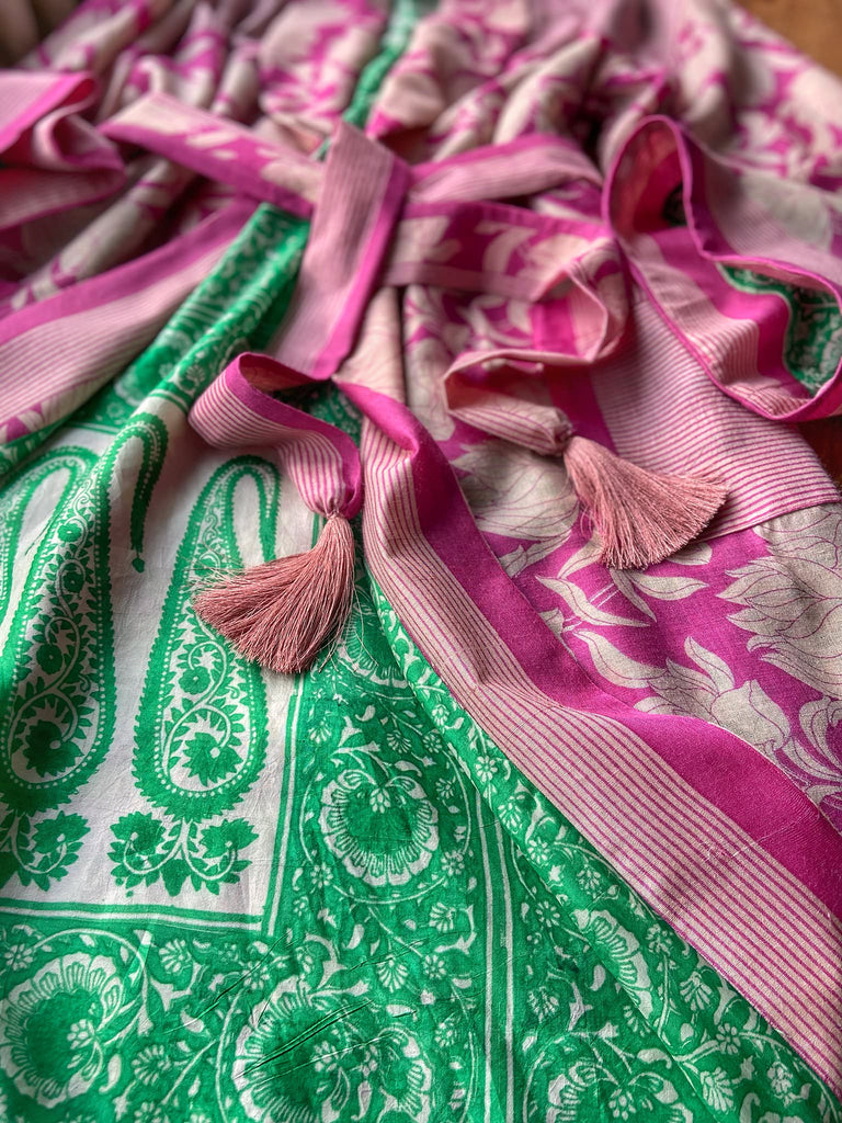 Pink peony fine wool dressing robe with silk lining and tassel sash. Bohemian style created from vintage textiles by Pavilion Parade 
