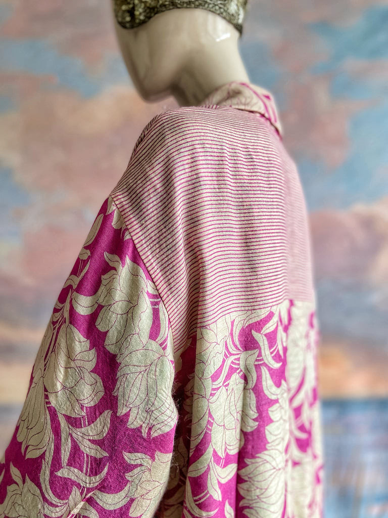 Pink peony fine wool dressing robe with silk lining and tassel sash. Bohemian style created from vintage textiles by Pavilion Parade 