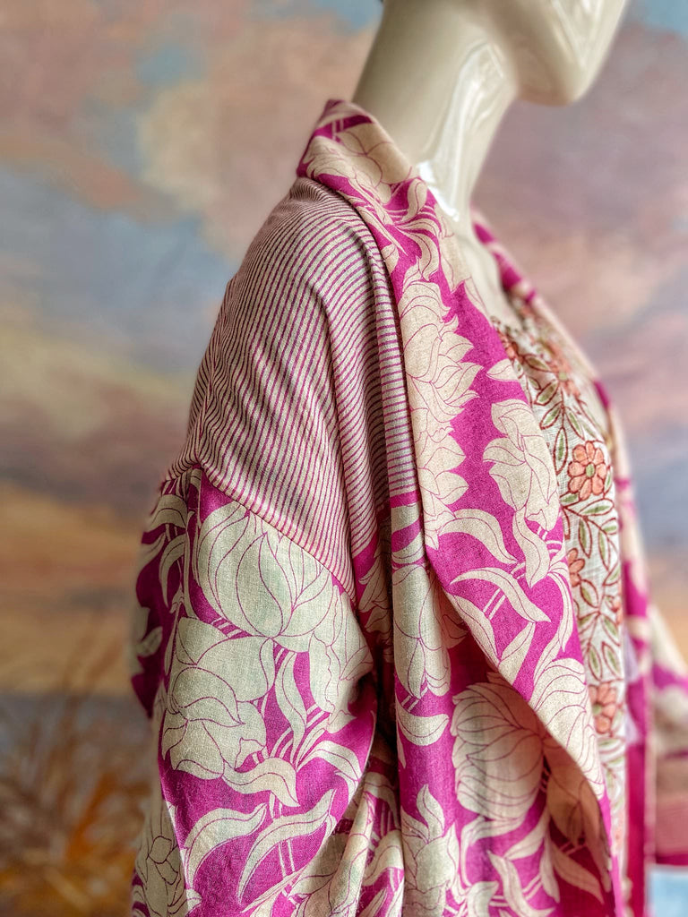 Pink peony fine wool dressing robe with silk lining and tassel sash. Bohemian style created from vintage textiles by Pavilion Parade 