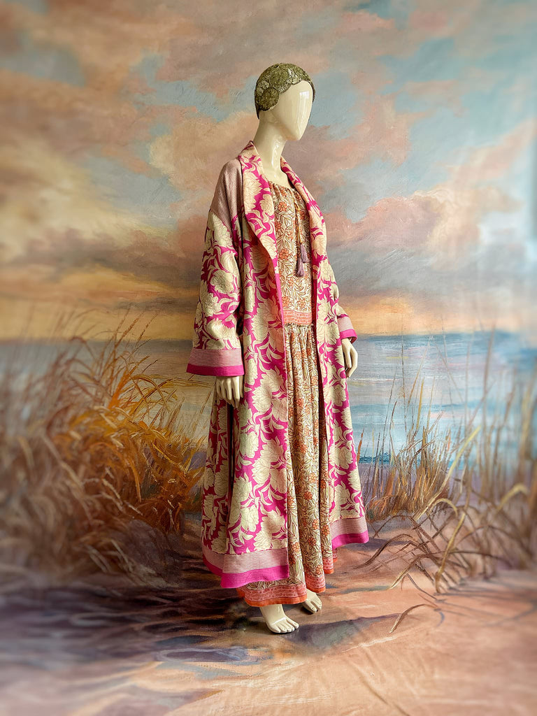 Pink peony fine wool dressing robe with silk lining and tassel sash. Bohemian style created from vintage textiles by Pavilion Parade 