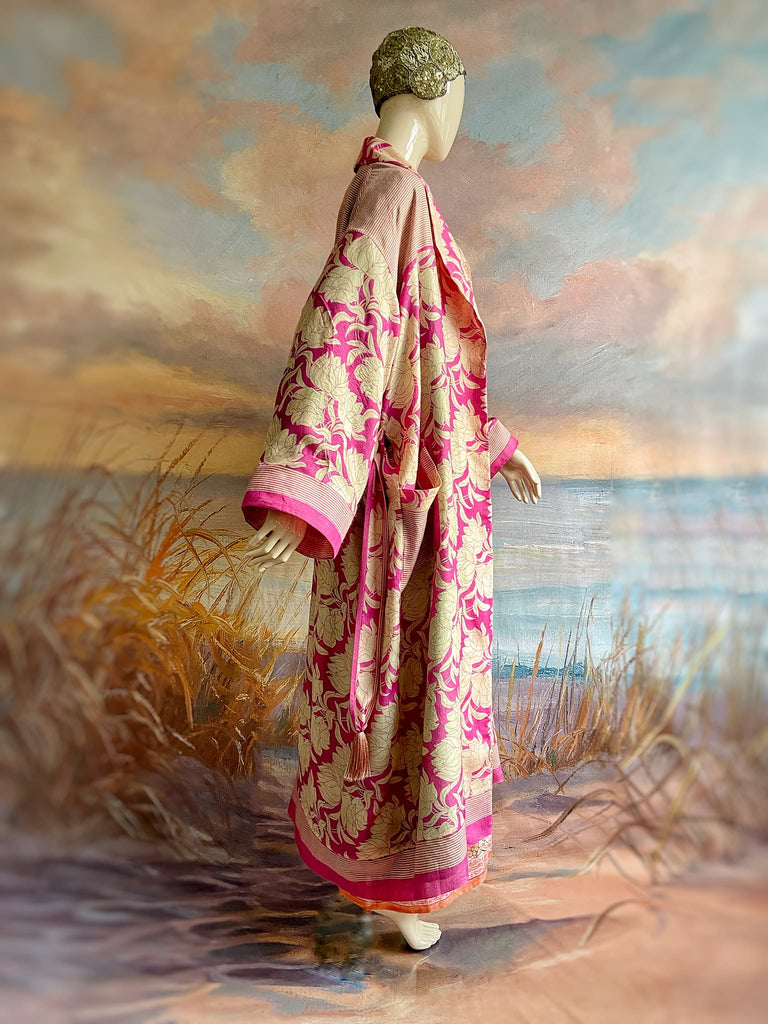 Pink peony fine wool dressing robe with silk lining and tassel sash. Bohemian style created from vintage textiles by Pavilion Parade 