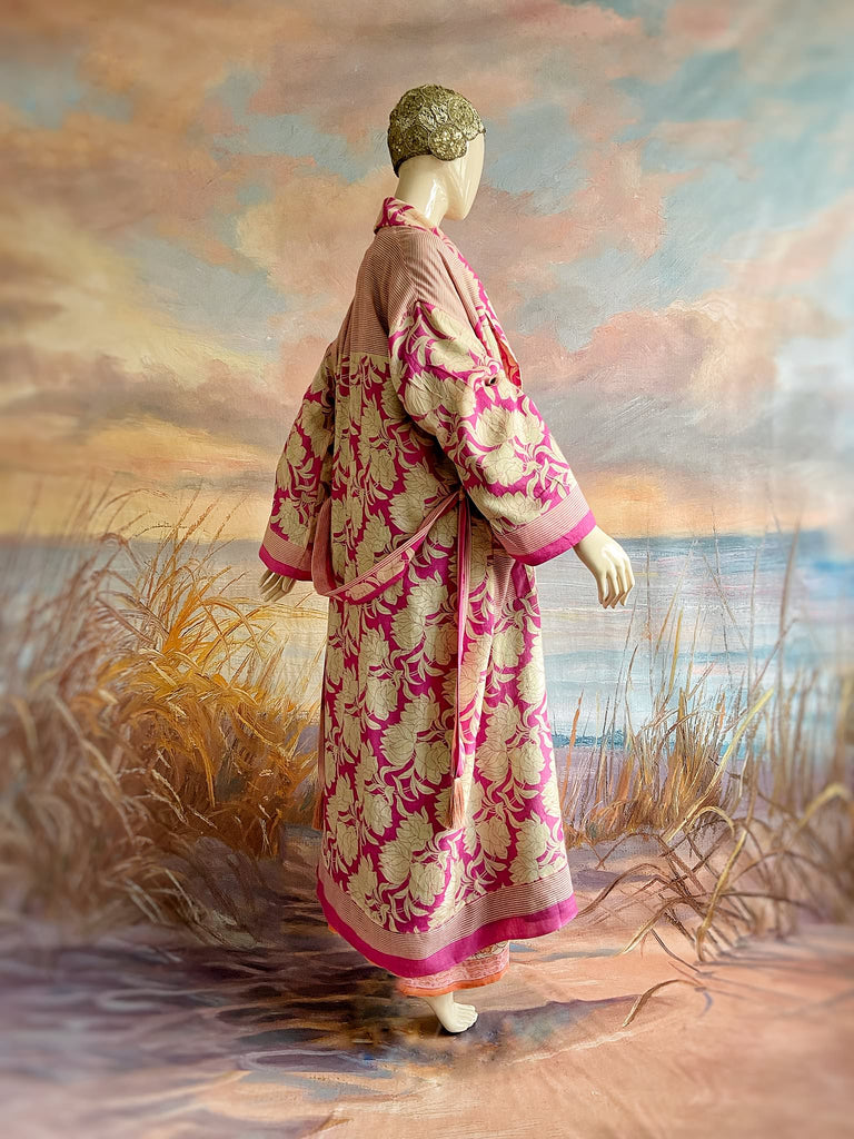 Pink peony fine wool dressing robe with silk lining and tassel sash. Bohemian style created from vintage textiles by Pavilion Parade 