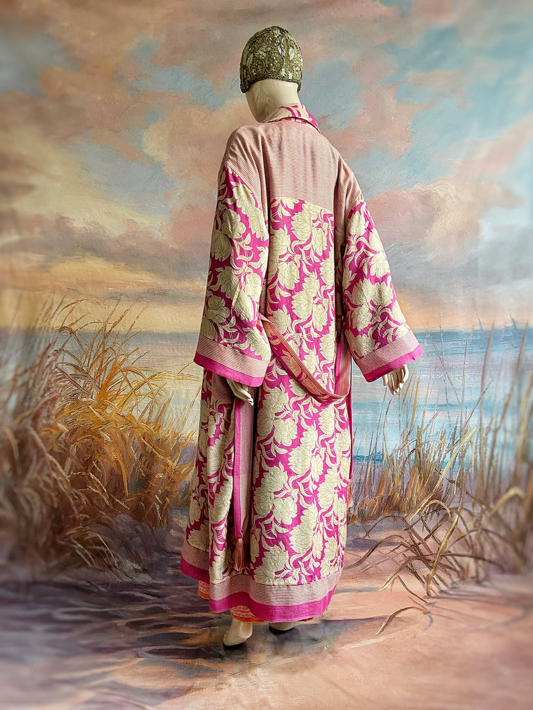 Pink peony fine wool dressing robe with silk lining and tassel sash. Bohemian style created from vintage textiles by Pavilion Parade 