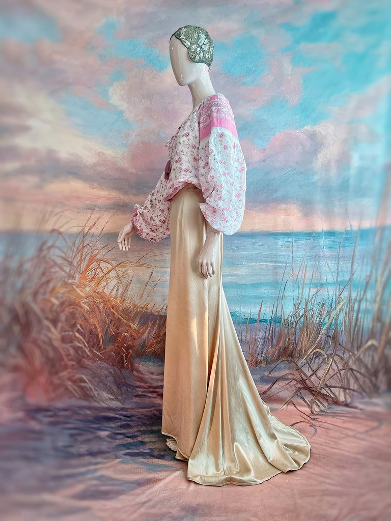 Rose pink and ivory cotton voile blouse with long full sleeves and adjustable drawstring neckline. Bohemian styles sustainably created from antique and vintage textiles by the Pavilion Parade studio. 