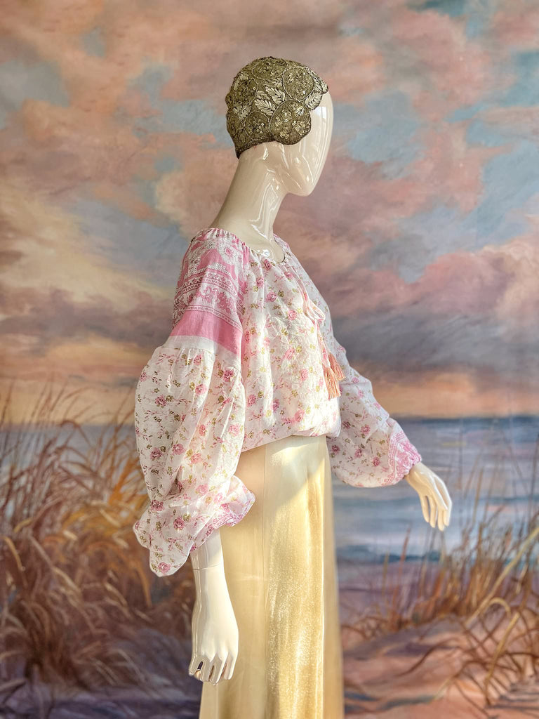 Rose pink and ivory cotton voile blouse with long full sleeves and adjustable drawstring neckline. Bohemian styles sustainably created from antique and vintage textiles by the Pavilion Parade studio. 
