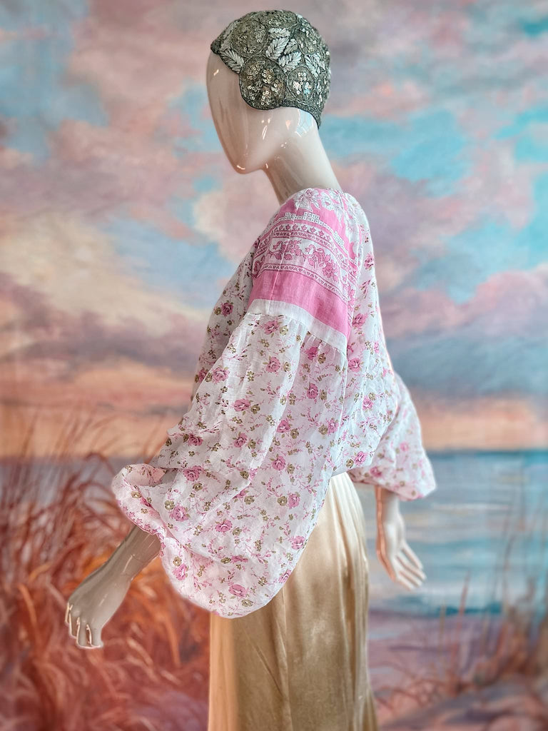 Rose pink and ivory cotton voile blouse with long full sleeves and adjustable drawstring neckline. Bohemian styles sustainably created from antique and vintage textiles by the Pavilion Parade studio. 