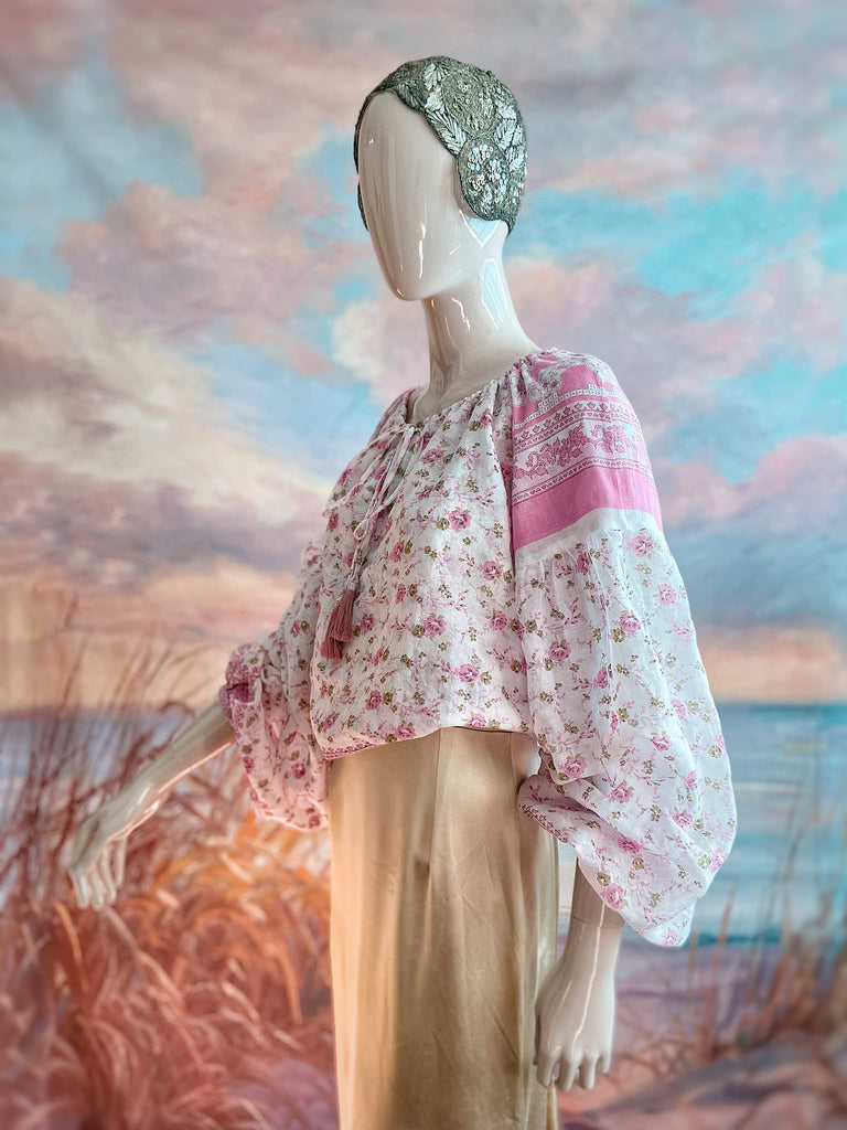 Rose pink and ivory cotton voile blouse with long full sleeves and adjustable drawstring neckline. Bohemian styles sustainably created from antique and vintage textiles by the Pavilion Parade studio. 