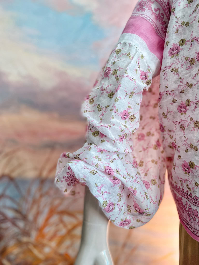 Rose pink and ivory cotton voile blouse with long full sleeves and adjustable drawstring neckline. Bohemian styles sustainably created from antique and vintage textiles by the Pavilion Parade studio. 