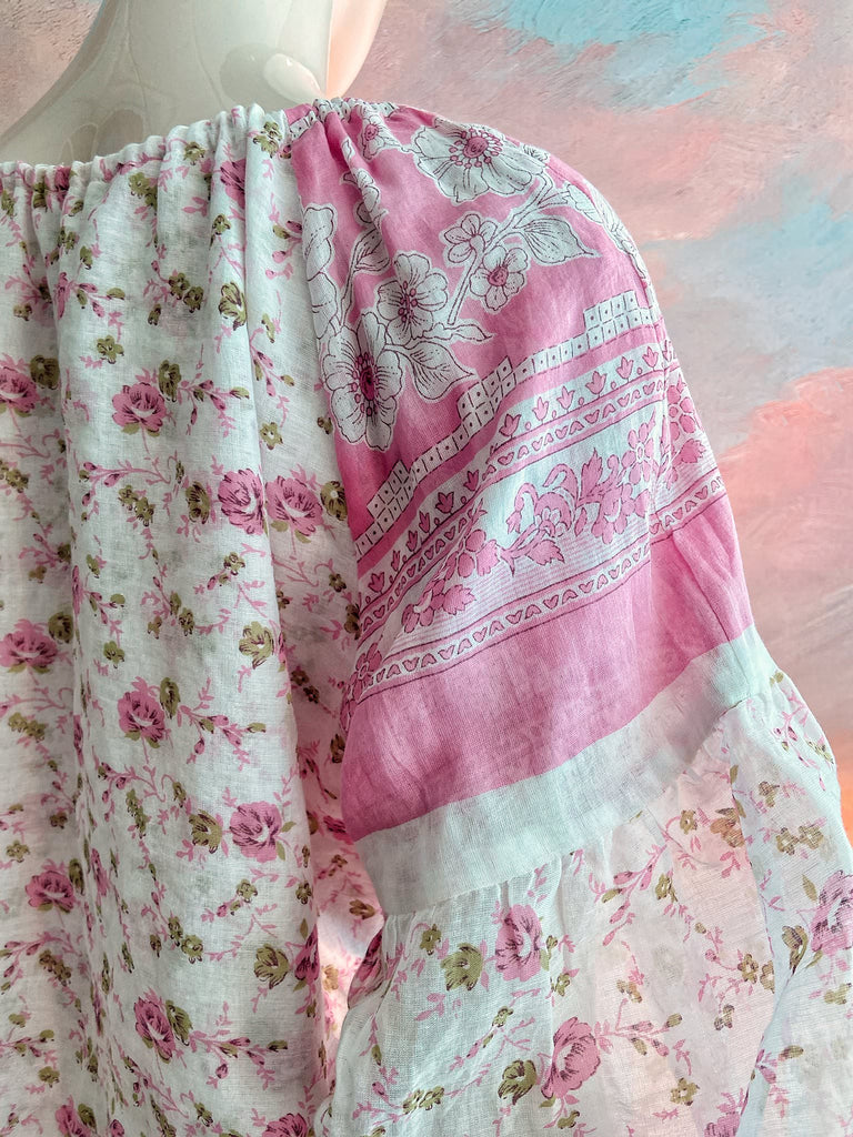 Rose pink and ivory cotton voile blouse with long full sleeves and adjustable drawstring neckline. Bohemian styles sustainably created from antique and vintage textiles by the Pavilion Parade studio. 