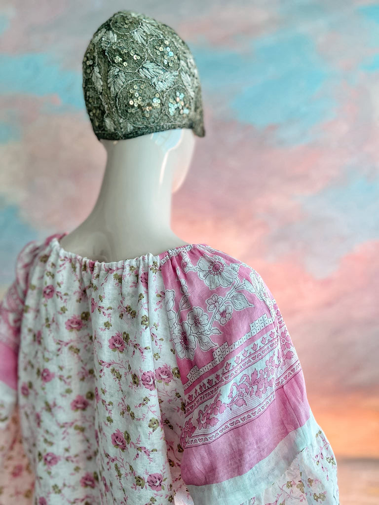 Rose pink and ivory cotton voile blouse with long full sleeves and adjustable drawstring neckline. Bohemian styles sustainably created from antique and vintage textiles by the Pavilion Parade studio. 