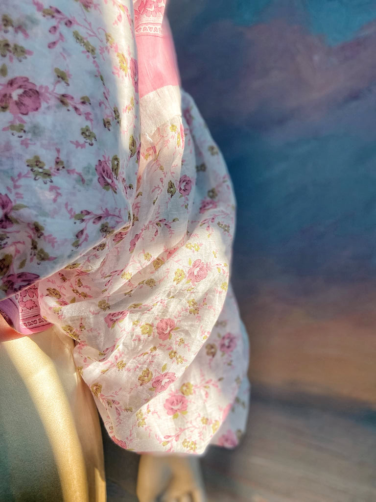 Rose pink and ivory cotton voile blouse with long full sleeves and adjustable drawstring neckline. Bohemian styles sustainably created from antique and vintage textiles by the Pavilion Parade studio. 