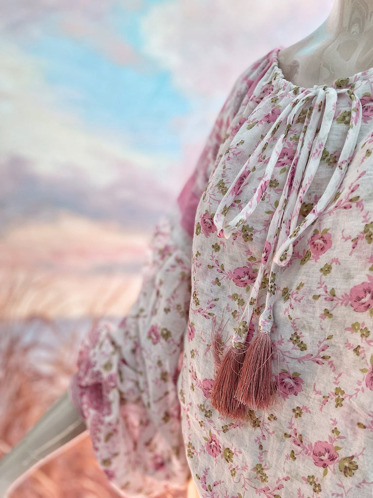 Rose pink and ivory cotton voile blouse with long full sleeves and adjustable drawstring neckline. Bohemian styles sustainably created from antique and vintage textiles by the Pavilion Parade studio. 