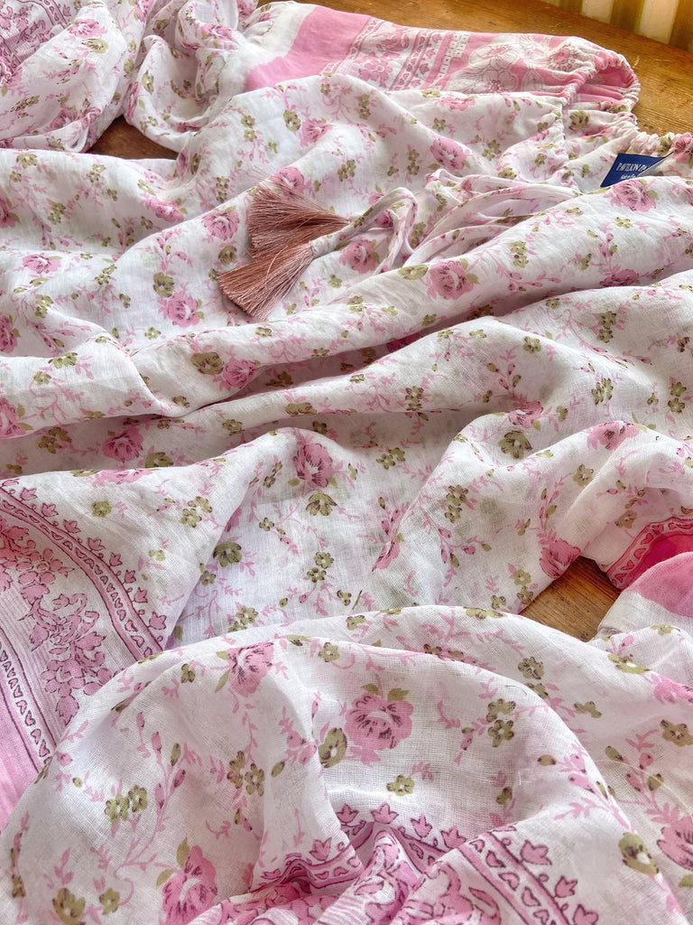 Rose pink and ivory cotton voile blouse with long full sleeves and adjustable drawstring neckline. Bohemian styles sustainably created from antique and vintage textiles by the Pavilion Parade studio. 