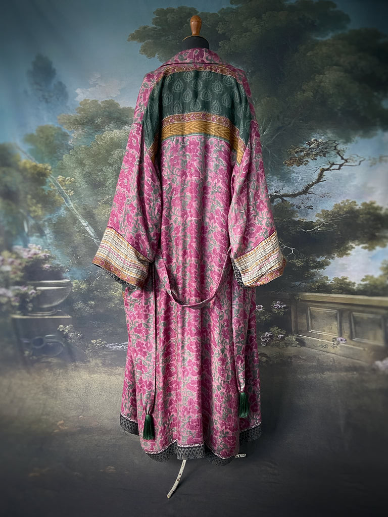 Plum and sage green fine wool robe with wide sleeves, patch pockets and tassel sash. Fully lined in silk. Bohemian style created from antique and vintage textiles by the Pavilion Parade Studio