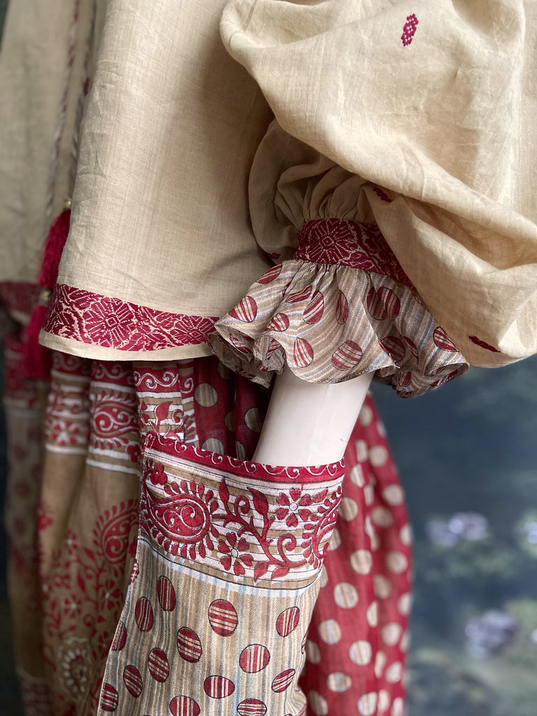Chamois & claret fine cotton Poiret & Pierrot inspired beach pyjamas with full sleeved frill collar blouse and drawstring Ottoman harem pants. Bohemian styles created from  vintage and antique textiles by the Pavilion Parade studio