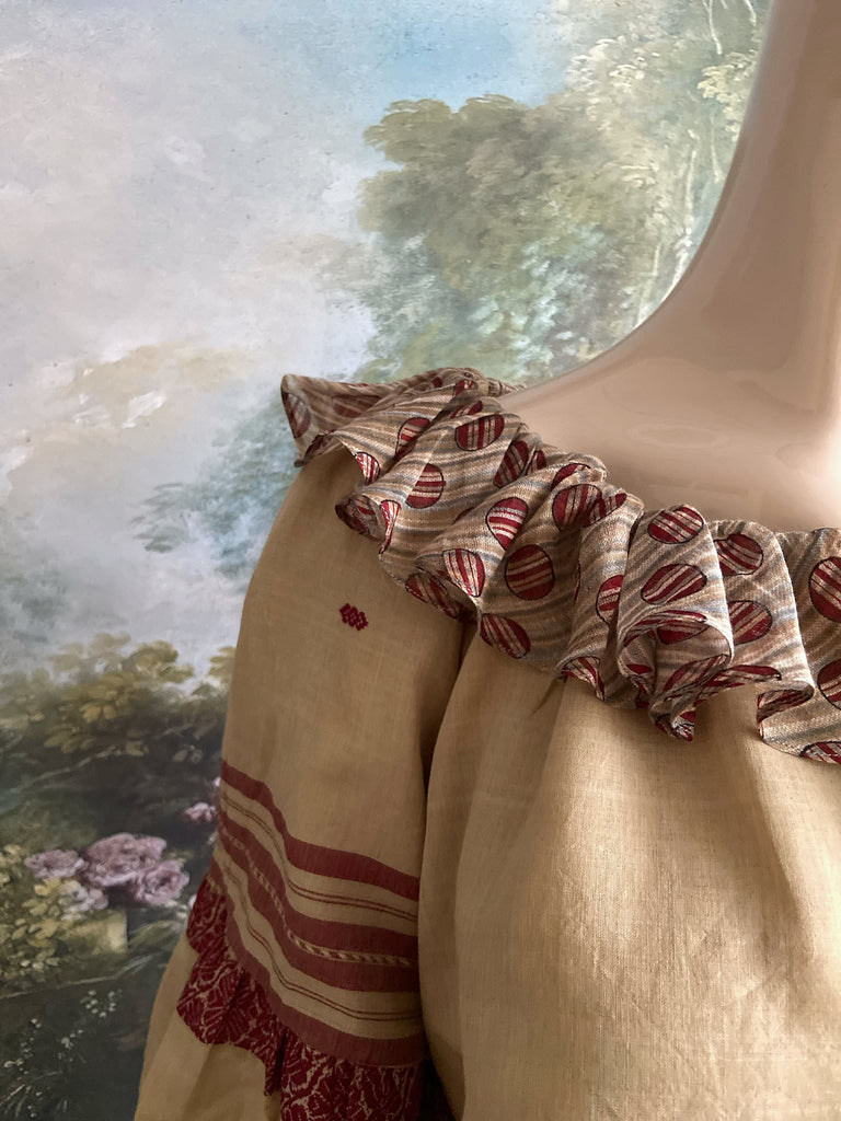 Chamois & claret fine cotton Poiret & Pierrot inspired beach pyjamas with full sleeved frill collar blouse and drawstring Ottoman harem pants. Bohemian styles created from  vintage and antique textiles by the Pavilion Parade studio