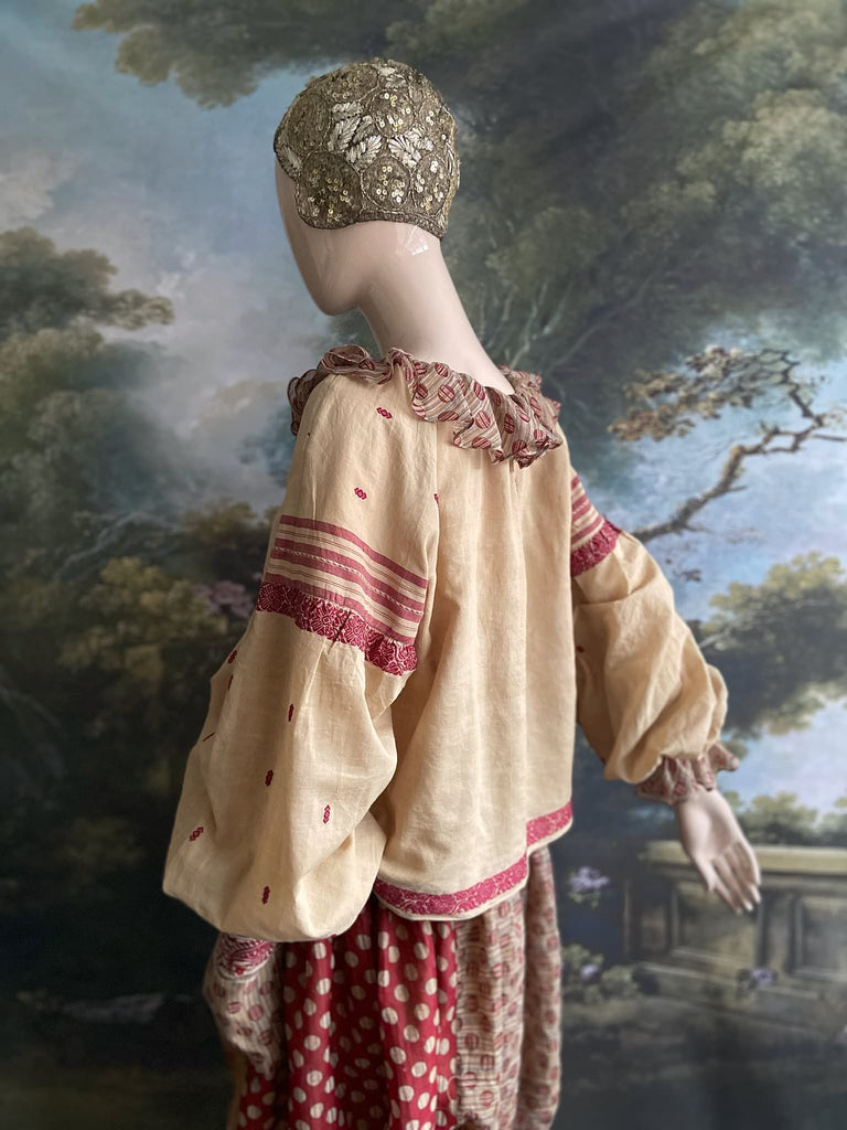 Chamois & claret fine cotton Poiret & Pierrot inspired beach pyjamas with full sleeved frill collar blouse and drawstring Ottoman harem pants. Bohemian styles created from  vintage and antique textiles by the Pavilion Parade studio