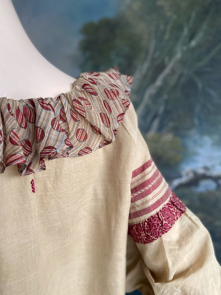 Chamois & claret fine cotton Poiret & Pierrot inspired beach pyjamas with full sleeved frill collar blouse and drawstring Ottoman harem pants. Bohemian styles created from  vintage and antique textiles by the Pavilion Parade studio