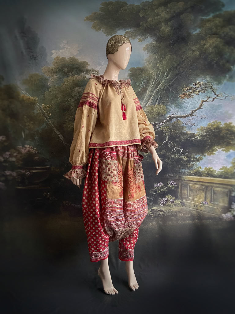 Chamois & claret fine cotton Poiret & Pierrot inspired beach pyjamas with full sleeved frill collar blouse and drawstring Ottoman harem pants. Bohemian styles created from  vintage and antique textiles by the Pavilion Parade studio