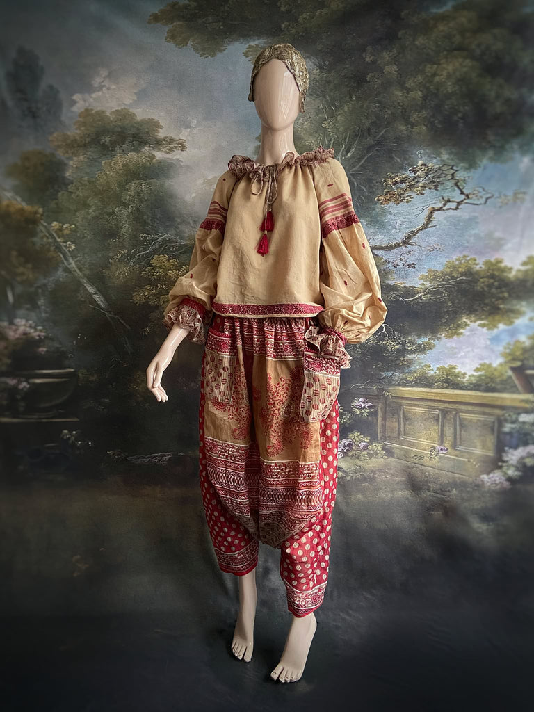 Chamois & claret fine cotton Poiret & Pierrot inspired beach pyjamas with full sleeved frill collar blouse and drawstring Ottoman harem pants. Bohemian styles created from  vintage and antique textiles by the Pavilion Parade studio