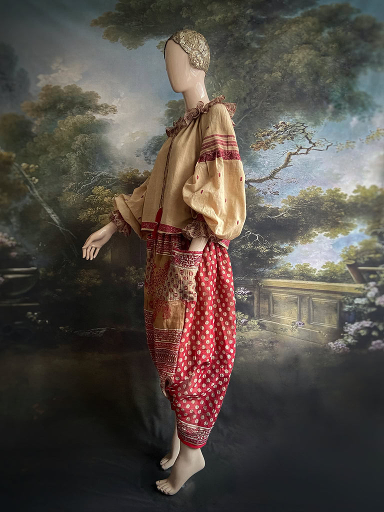 Chamois & claret fine cotton Poiret & Pierrot inspired beach pyjamas with full sleeved frill collar blouse and drawstring Ottoman harem pants. Bohemian styles created from  vintage and antique textiles by the Pavilion Parade studio
