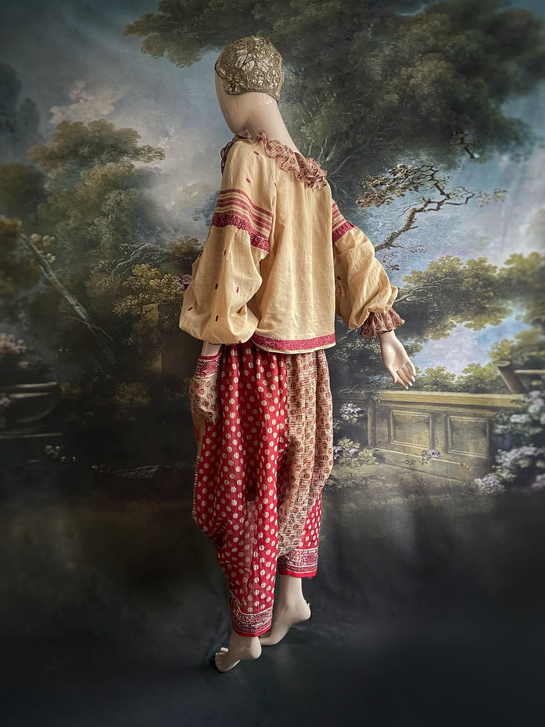 Chamois & claret fine cotton Poiret & Pierrot inspired beach pyjamas with full sleeved frill collar blouse and drawstring Ottoman harem pants. Bohemian styles created from  vintage and antique textiles by the Pavilion Parade studio